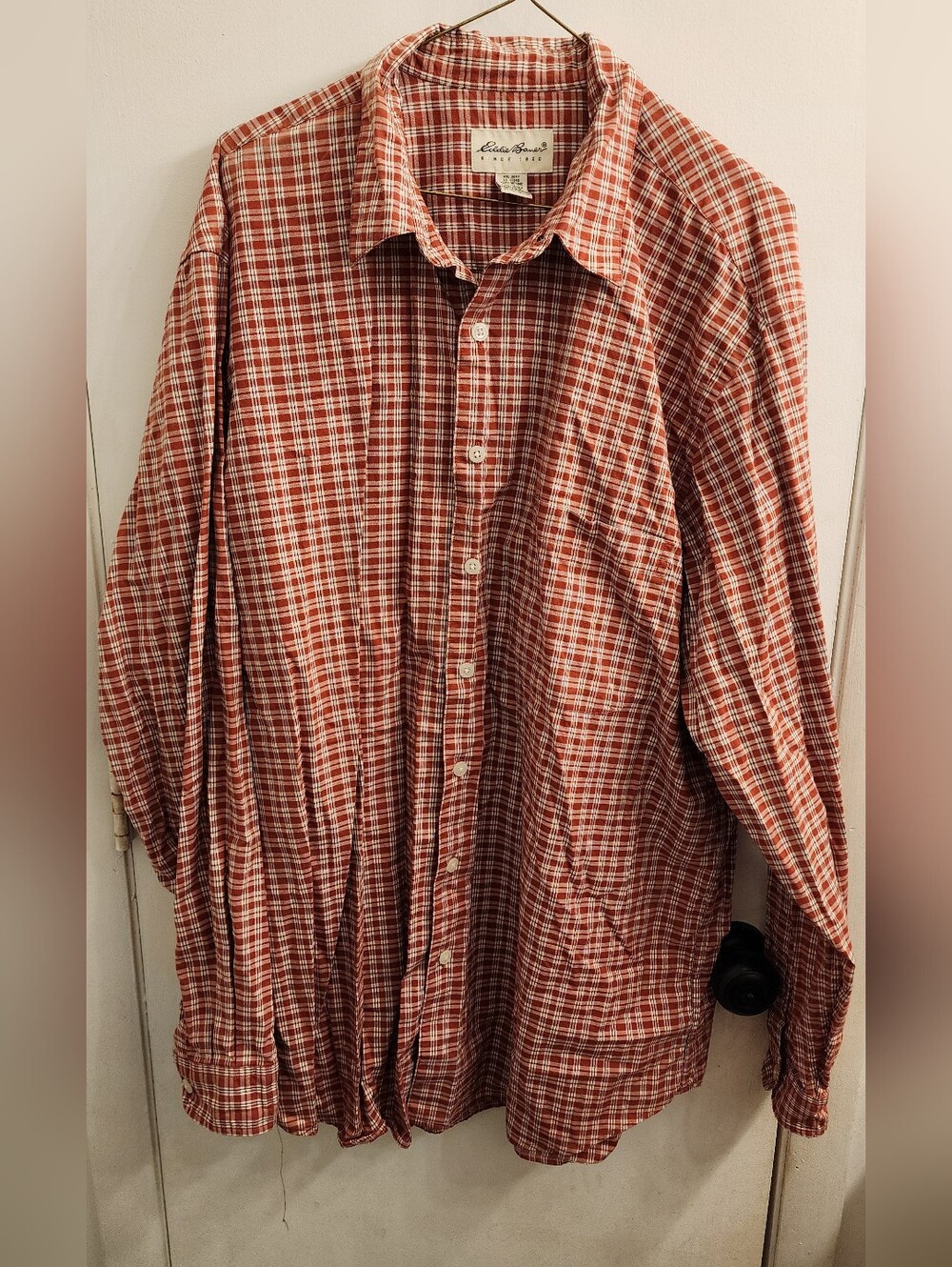 Eddie Bauer Men's Rust and White Plaid Button-Down Shirt Tall XL